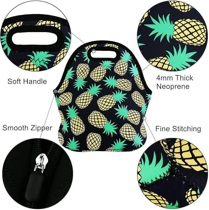 Violet Mist Womens Reusable Neoprene Lunch Bag Cute Insulated Lunch Box Pineapple Fruits Print Thermal lunch bags Bag Waterproof Food Handbags Meal Prep Lunchbags Travel Work Gift for Women Men Adult