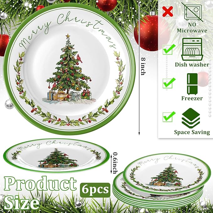 6 Pcs Christmas Dinner Plates Xmas Tree Melamine Dinnerware Green Plates Xmas Wreath Dishes Holiday Tableware for Dessert Salad Appetizer Birthday Party(Christmas Tree,8 Inches)