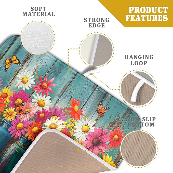 Botanical Flowers Dish Drying Mats 16x18 Inch,Colorful Daisy Mason Jar on Wood Plank Microfiber Quick-Dry Drainer Rack Absorbent Pad for Farmhouse Kitchen Countertop Sink Decor