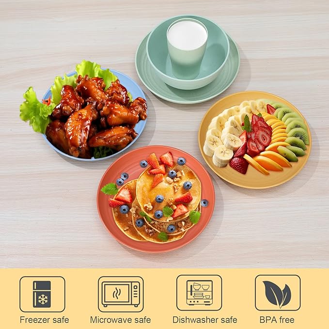 12pcs Kids Wheat Straw Dinnerware Sets, Wheat Straw Plates and Bowls Set for 4 Microwave Safe (Beige)