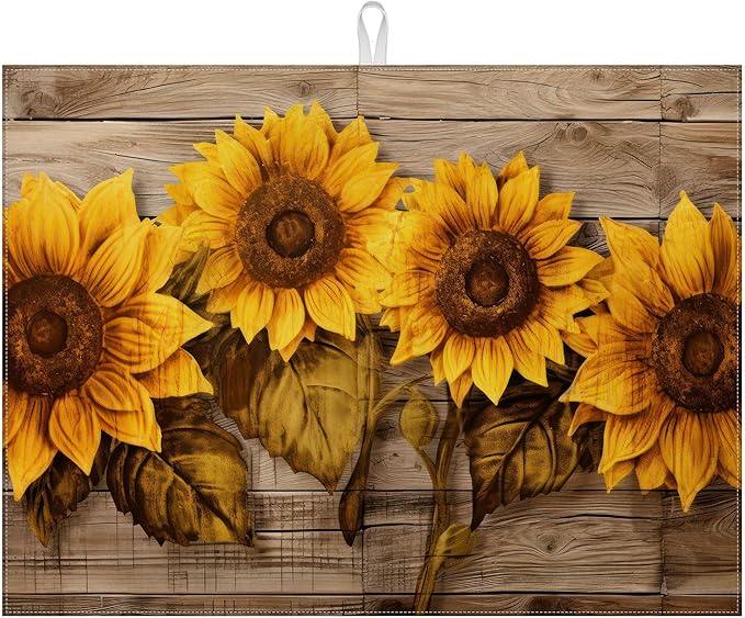 Vintage Sunflower Wooden Grain Dish Drying Mat for Kitchen Counter Drying Pad Absorbent Reversible Dish Drainer Rack Mats Draining Pad 18"x24"Inch