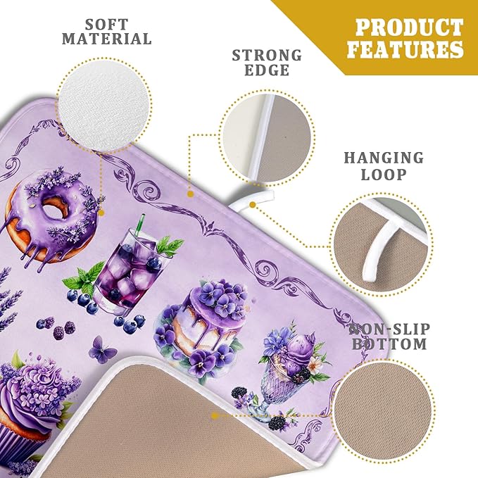 Purple Dish Drying Mats for Kitchen Counter Washable Drying Pad Absorbent Coffee Mat - Delicious Afternoon Tea