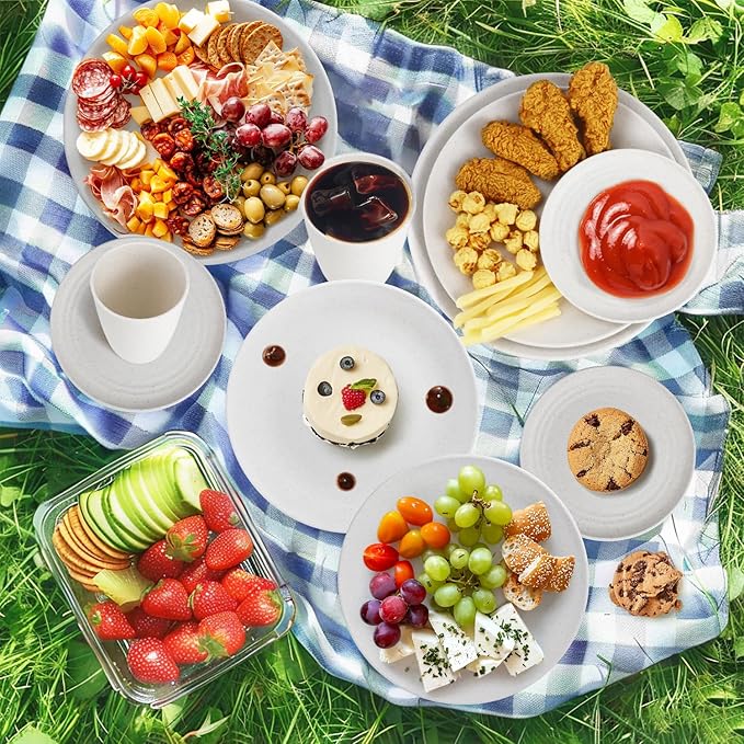 Wrova Wheat straw bowl and plate sets of 40 with cups for kids - Unbreakable plastic dinnerware sets service for 8 - Microwave and Dishwasher safe dish sets for kitchen and camping. White