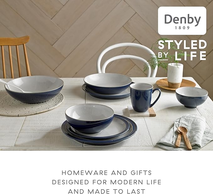Denby - Elements Dark Blue Dinner Set For 4-12 Piece Simple Ceramic Stoneware Tableware Set - Dishwasher Microwave Oven Safe - Scratch Chip Resistant