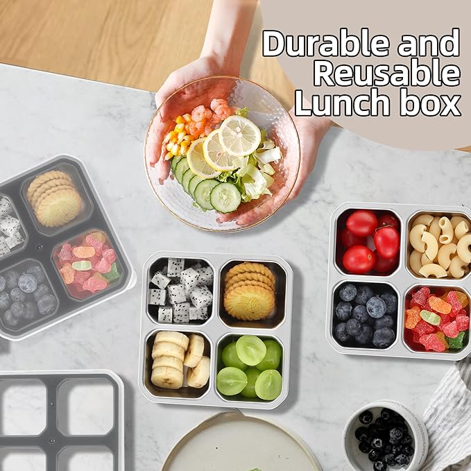 BEFOY 2 Pack Stainless Steel Snack Containers with Lids 4 Compartment Food Storage Containers for Adults & Kids Meal Prep Containers Reusable