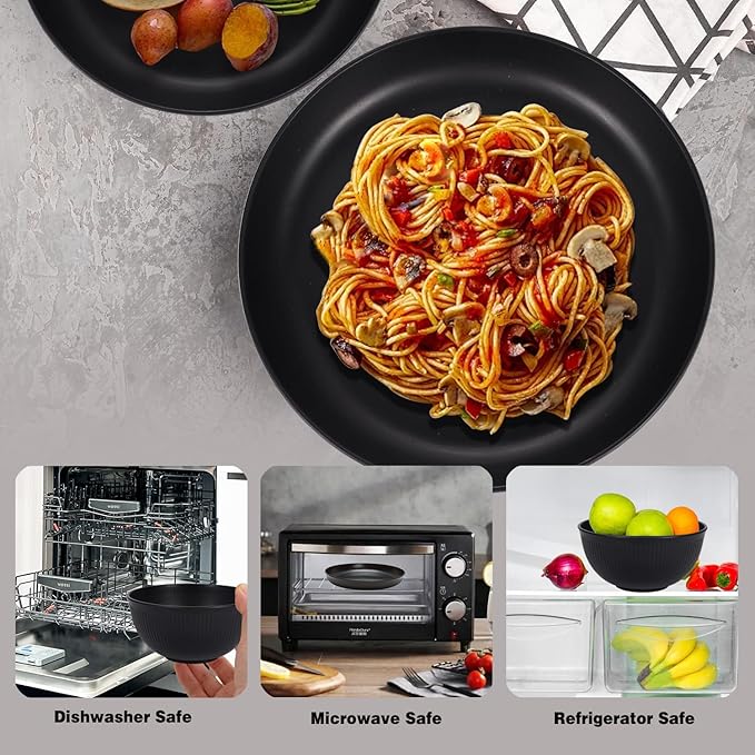 Plates and Bowls Sets, 18 piece Lightweight Unbreakable Dinnerware Set for 6，Camping Plates for Picnic ，Dish Sets with 23cm Plates, 15cm Bowls, Cups for Kitchen （Black）