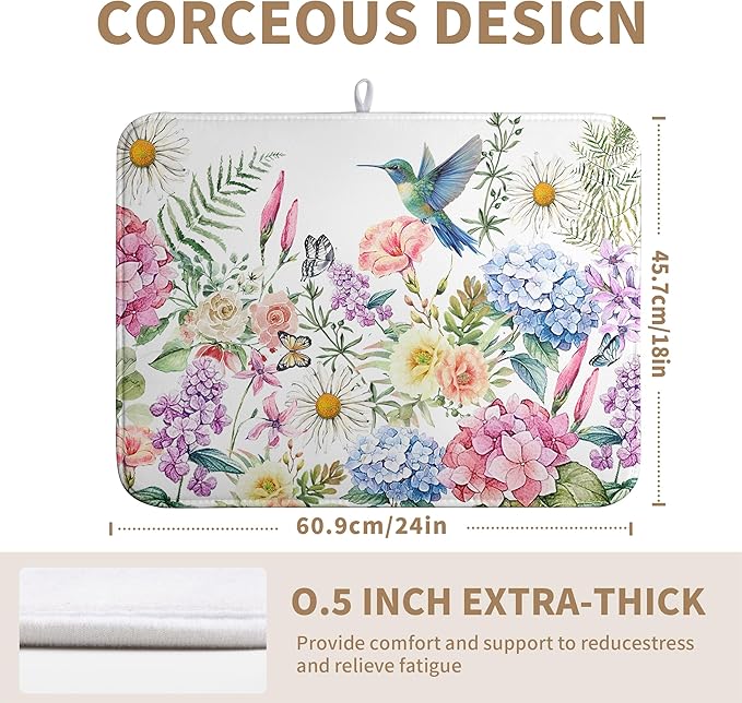 Spring Floral Birds Dish Drying Mat Summer Butterfly Flowers Kitchen Dish Drying Pad Daisy Absorbent Dish Dryer Mat for Kitchen Countertops Microfiber Dishes Drainer Pad (18x24 in)