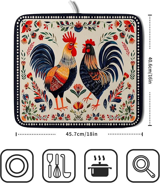 Roosters Chicken Dish Drying Mat for Kitchen Counter Absorbent Microfiber Drying Pad 16 x18 In