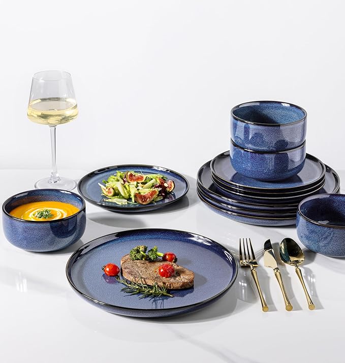 TheTerra Ceramic Dinnerware Sets for 4, 12 Pieces Handmade Reactive Glaze Plates and Bowls Set, Scratch Resistant Dish Set, Oven & Microwave & Dishwasher Safe, Blue