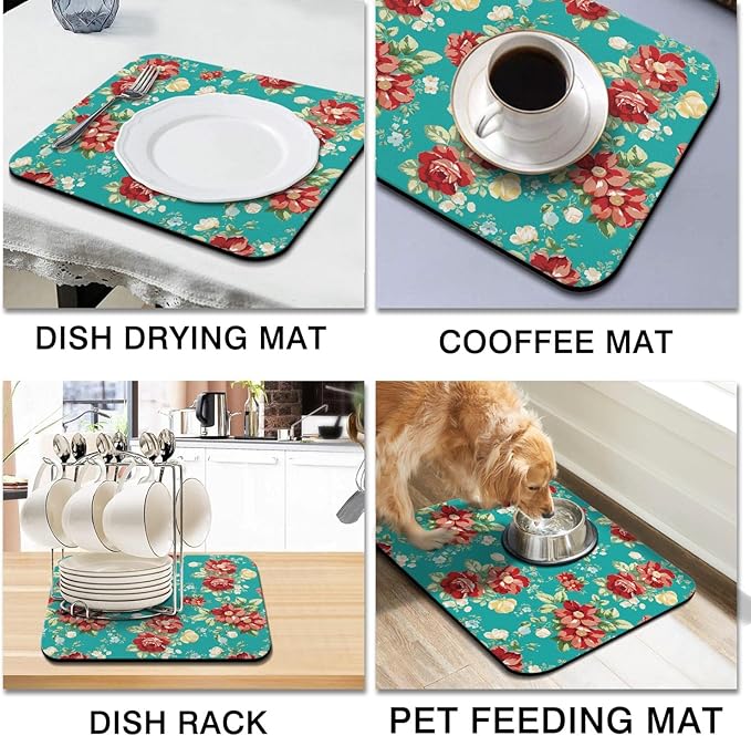 Rubber Dish Drying Mat for Kitchen Counter Large Boho Flowers Washable Quick Home Coffee Pad Fit Under Sink,Bar,Utensils 16x18in