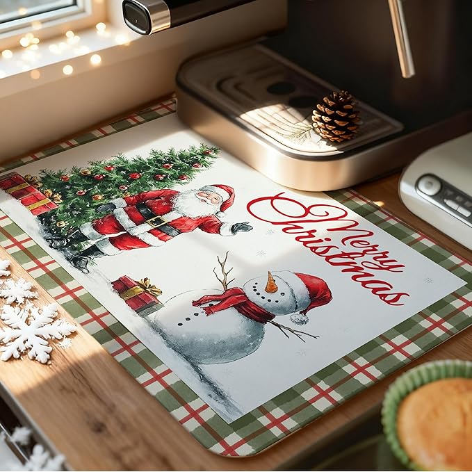 Red and Green Plaid Christmas Dish Drying Mat, Christmas Tree Santa Snowman Coffee Bar Mat for Countertops, Retro Xmas Absorbent Dish Drying Mats for Kitchen Counter Coffee Maker, 16x24 Inch