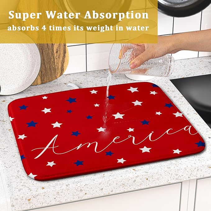 4th of July Dish Drying Mats for Kitchen Counter 16×18 Inch Patriotic Red Small Microfiber Drying Mat Kitchen Accessories Dish Rack Mat Drainer Pad Washable Absorbent