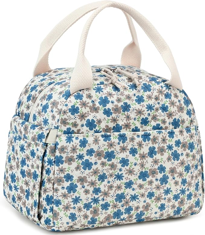 BTOOP Lunch Box for Women Men Cute Corduroy Lunch Bags Large Capacity Insulated Lunch Tote Bag For Work Travel Or Picnic (Blue-Brown Flower)