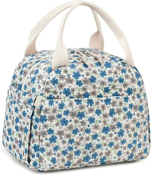 BTOOP Lunch Box for Women Men Cute Corduroy Lunch Bags Large Capacity Insulated Lunch Tote Bag For Work Travel Or Picnic (Blue-Brown Flower)