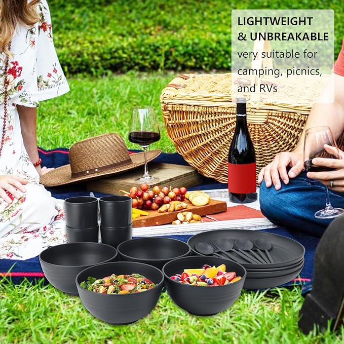 Wheat Straw Dishes Set for 4,Microwave Safe Plates and Bowls Sets, Unbreakable and Ruseable Plastic Dinnerware Sets for Kitchen,Camping,Dorm,Dessert Plates, Water Cups,Serving Bowls（Black,20 PCS）