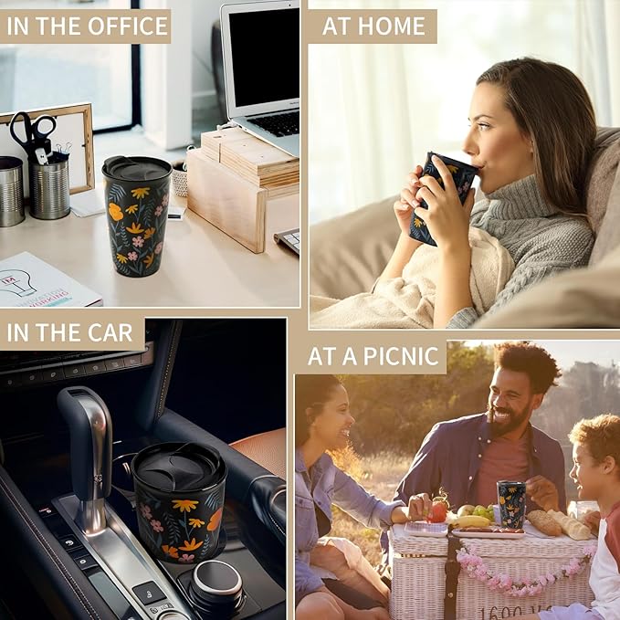 ANTIS'S HOME Ceramic Travel Mug with Lid, Flower Pattern Black Double Wall Coffee Mug Tumbler, Reusable Tall Cup, Splash Resistant Lid, Dishwasher Microwaveable Safe