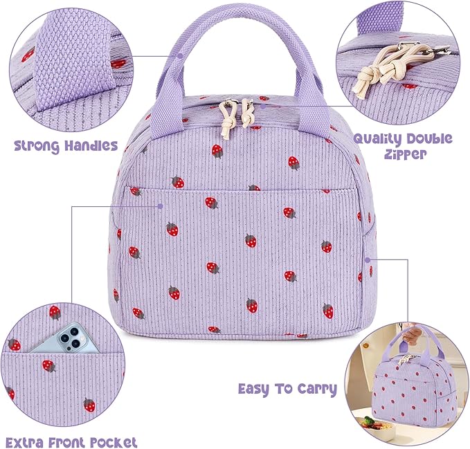 Bluboon Lunch Bag for Women Men Cute Corduroy Lunch Tote Bags Reusable Insulated Lunch Box Large Capacity Reusable Insulated Cooler for Work Picnic or Travel (Corduroy strawberry purple)