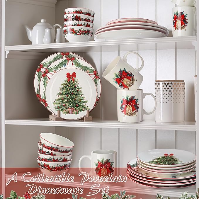 16 Pcs Christmas Tree Dishes Dinnerware Set for 4 Guest Holiday Dinner Plates Ceramic Vintage Christmas Salad Plates Red Bow Bowl Mug Serving Dishes Gift for Xmas Holiday Party Kitchen Decoration