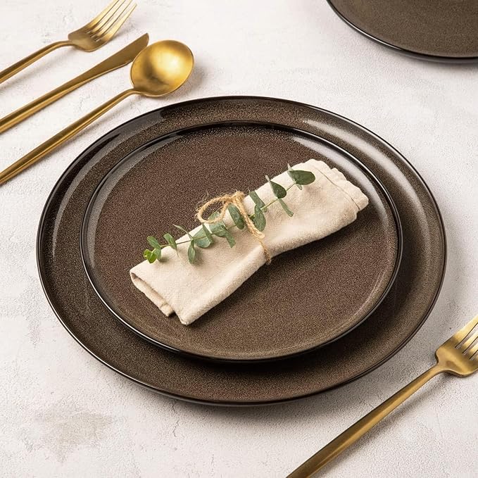 LeRatio Ceramic Dinnerware Sets for 4,12-Piece Plates and Bowls,Handmade Reactive Glaze Dishes Set,Chip Resistant and Scratch Resistant | Oven&Dishwasher & Microwave Safe,Service for 4-Coffee