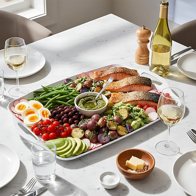 TP Serving Tray with Handles, Large Rectangle Melamine Serving Platter Set of 2, Pure White (19” x 12”)