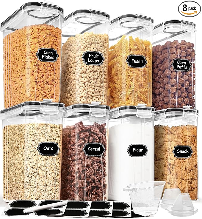 Cereal Containers Storage Set (4L / 135.2oz), 8PCS Airtight Food Storage Containers with Lids, Cereal Dispensers for Kitchen Pantry Organization and Storage with Pour Spout, 20 Labels, Marker