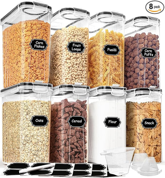 Cereal Containers Storage Set (4L / 135.2oz), 8PCS Airtight Food Storage Containers with Lids, Cereal Dispensers for Kitchen Pantry Organization and Storage with Pour Spout, 20 Labels, Marker