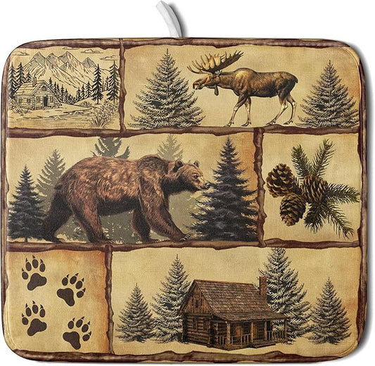 Vintage Bear Moose Dish Drying Mat 16x18 Inch Country Cabin Absorbent Dish Draining Mat Heat Resistant Drying Pad for Counter Sink Home