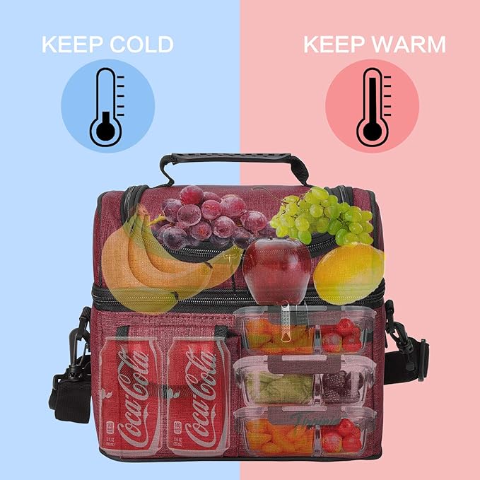 Tirrinia Reusable Lunch Box for Men Women, Insulated Lunch Bag Adult Work, Double Decker Leakproof Lunchbox for Office Picnic Beach—Dual Compartment Lunch Cooler Bag,Red