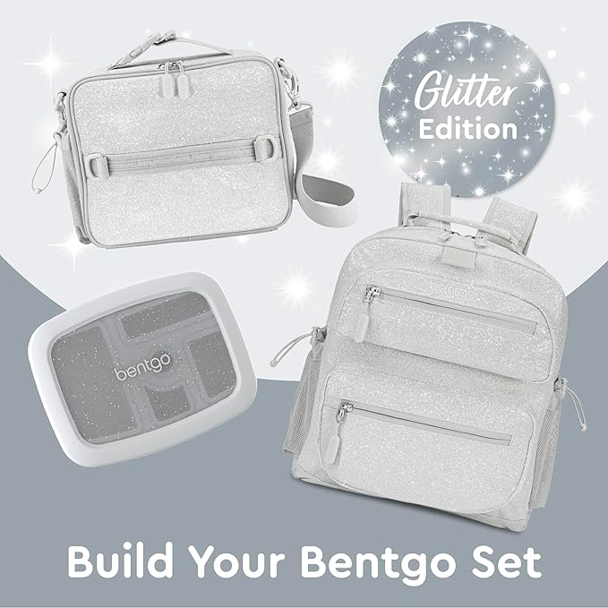 Bentgo Kids Lunch Bag - Double-Insulated, Reusable Lunch Bag for Kids 3+ with Adjustable Strap; Holds Lunch Box/Water Bottle/Snacks; Easy-Clean, Water-Resistant & Pockets (Glitter Edition - Silver)