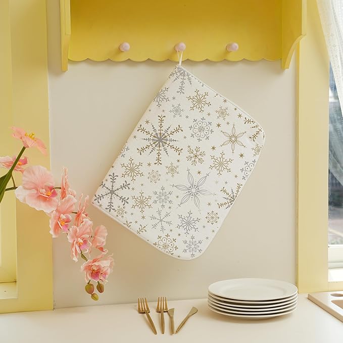 Christmas Drying Mat 18x24 Inches For Kitchen Counter Winter Gold Gray Snowflake Home Decoration Drying Mat Decorative Pad for Kitchen Dining Room Christmas Decoration,Office Decor
