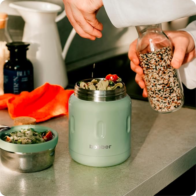 BOBBER 16 oz Insulated Stainless Steel Thermos for Hot Food, Extra-Wide Mouth Soup Container with Spoon and Bowl - Keeps Rice and Pasta Hot for 10 Hours and Salads Cold for 15 Hours (Green)