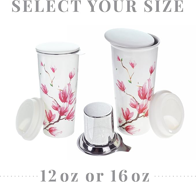 Willow & Everett 16oz Double-Walled Ceramic Tea Cup with Infuser and Lid. Tall Coffee Mugs - Magnolia Finish