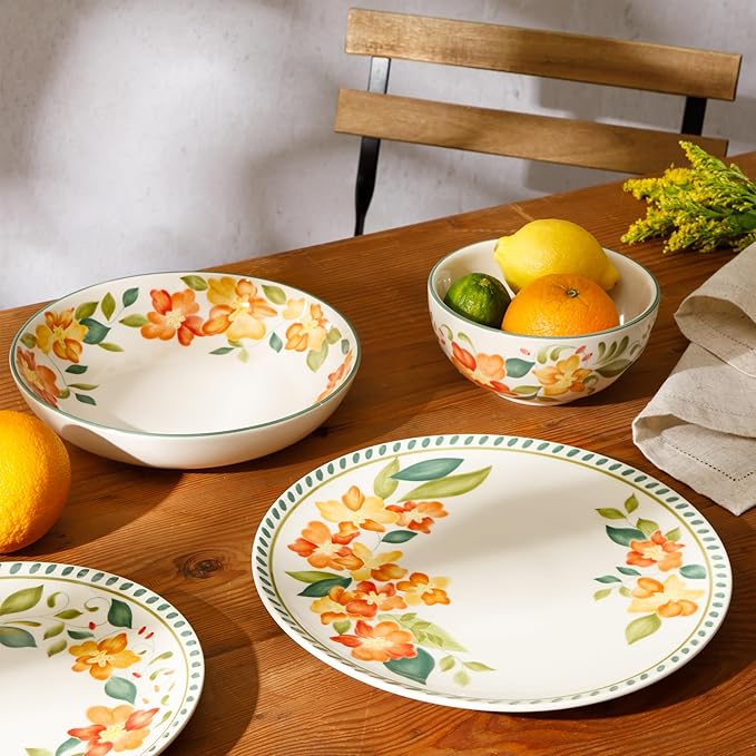 Bloomhouse Cassia Bud 16 Piece Double Bowl Hand Painted Stoneware Plates and Bowls Floral Dinnerware Set