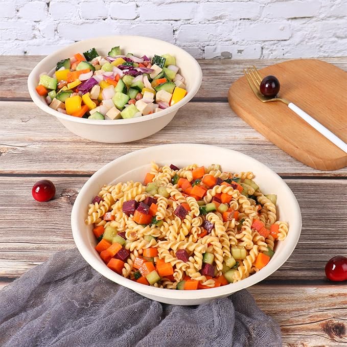 32 oz Disposable salad bowls with lids, Sugarcane Fiber Paper Bowls take away food containers Plant Fibers Freezer Safe 50 Pack