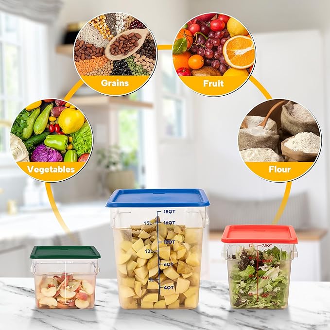 4 Pack Food Storage Containers, 6 Quart with Lids, Square Commercial Containers with Scale, NSF, Polycarbonate, Clear