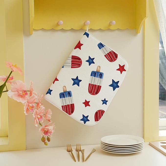 4th of July Dish Drying Mats 18x24 Inch American Red Blue Stars Decor Patriotic Decorative Drying Mats Summer Outdoor Independence Day Memorial Day Decor Coffee Bar Mat for Kitchen Dining Room
