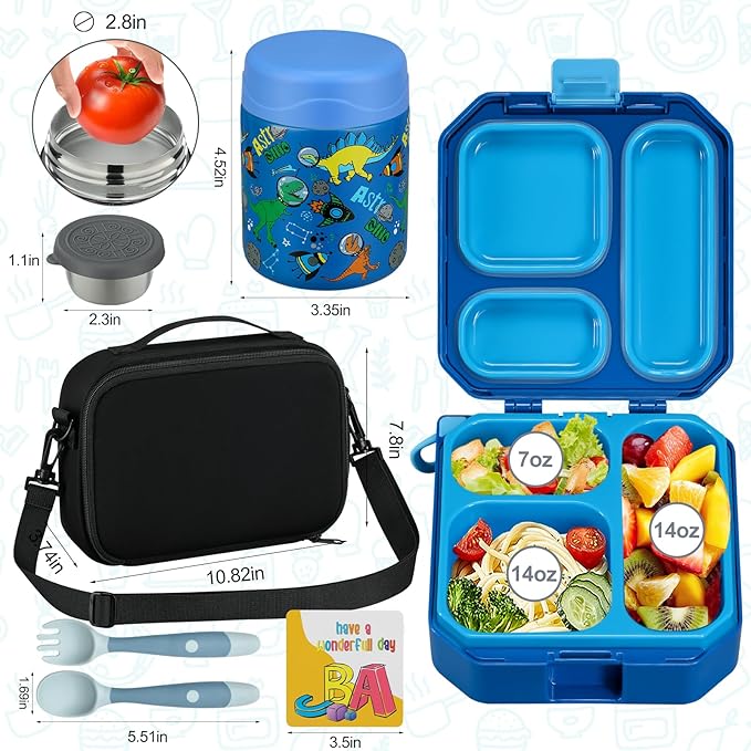 Bento Lunch Box for Kids with 12oz Soup Thermo Leak-Proof Lunch Food Container with 5 Compartment Thermo Hot Food Jar and Insulated Lunch Bag for Kid Toddler Girls Boys to School