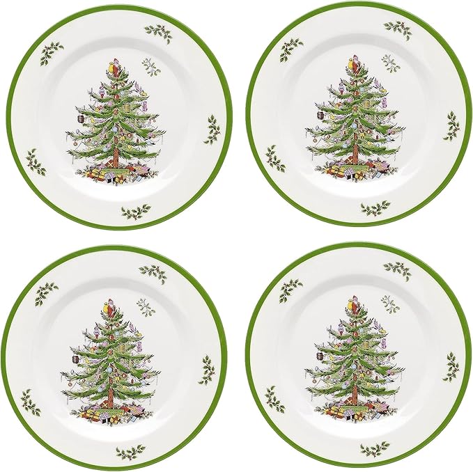 Spode Christmas Tree Melamine Salad Plate (Set of 4) - 8 Inch Shatterproof Serving Plate for Holiday Meals, Holiday Party - Festive Tableware for Indoor & Outdoor Use, Dishwasher Safe Dinnerware