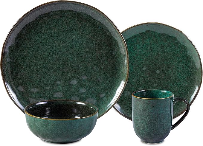 16-Piece Dinnerware Set Service for 4, Plates and Bowls Set, Microwave and Dishwasher Safe,Scratch Resistant, Green