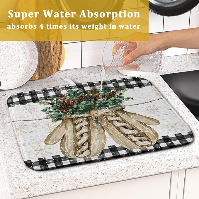 Christmas Dish Drying Mat for Counter 16'' X 18'', Black Buffalo Plaid Snowflake Gloves Dish Drainer Mats Medium Absorbent Fast Dry Microfiber Rack Pads Kitchen Accessories