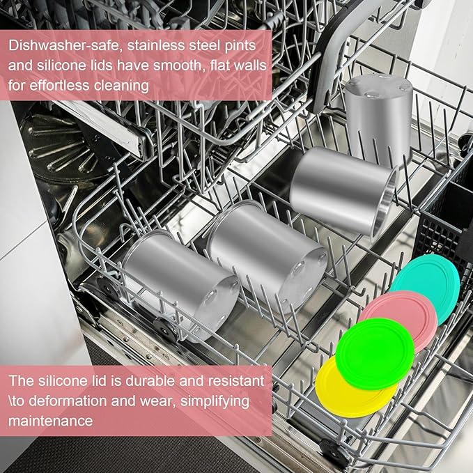 Stainless Steel Pint Containers & Lids Compatible with Ninja Creami ice Cream Maker NC500, NC501, CN501CO Delux Series– 6 Pack, 24 oz, Silicone Lids, BPA-Free, Dishwasher Safe