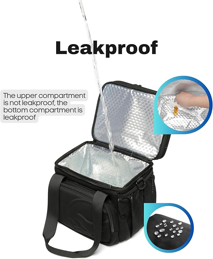 SUNNY BIRD Dual Compartment Lunch Bag, 13L Insulated Adult Lunch Box for Work (Black)