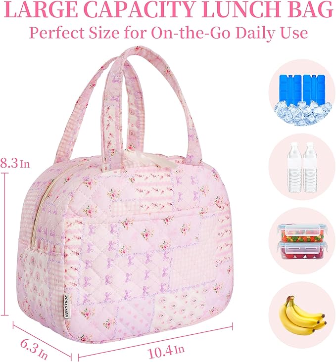 Quilted Lunch Box for Women,Insulated Cute Reusable Lunch Bag with Front Pocket,Pink Flower Stylish Lunch Tote Bag for Work, Office,Picnic, Travel,School (purple pin)