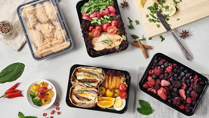 150 Pack Meal Prep Plastic Food Storage Containers With Lids 28 oz 1 Compartment Black Rectangular To Go Lunch Prepping Boxes BPA-Free Microwavable Freezer Safe Stackable (Formerly FULING)