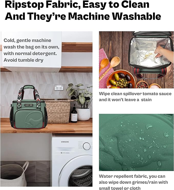 SUNNY BIRD 12L Large Insulated Lunch Bag, Foldable Lunch Cooler Box for Women Adult and Men, Fits 18 Cans (Green with Boho Strap)