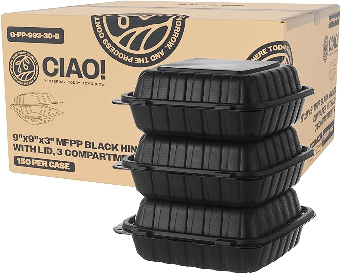 CIAO! 9"x9"x3" MFPP Black Hinged Container With Lid 3 Compartment (Case of 150)