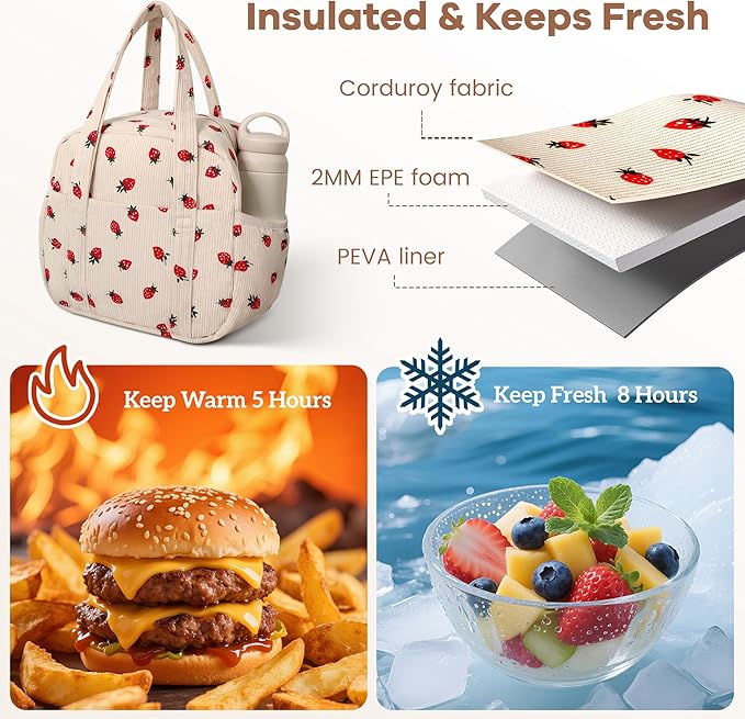 Yarnic Corduroy Lunch Bag Women Men Insulated, Large Lunch Box for Work with Bottle Pockets, Stylish Reusable Cooler Tote for Adults Teachers Picnic Hiking (Big Strawberry)