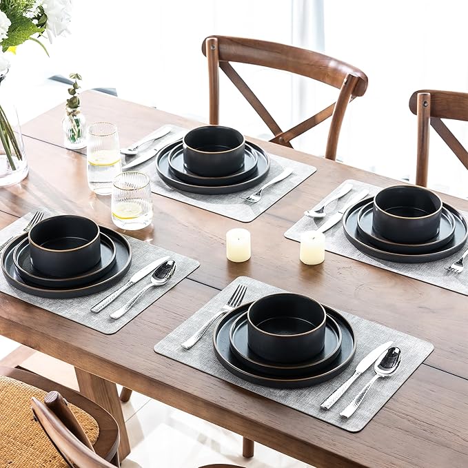 LERATIO Ceramic Dinnerware Sets for 4,Matte Stoneware Plates and Bowls Set, Chip and Crack Resistant | Oven & Dishwasher & Microwave Safe Dishes Set, Service for 4-Ashen Gold Rim