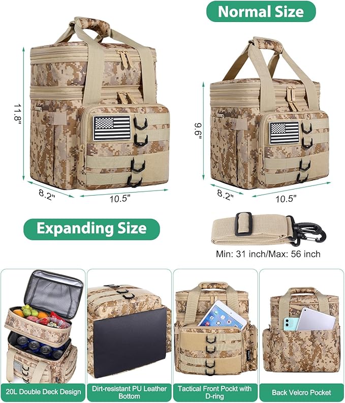Tactical Lunch Box for Men, Large Insulated Lunch Bag for Adult, Heavy Duty Double Deck Expandable Lunch Cooler Bag with American Flag, Leakproof Soft Lunch Pail for Work Office Camping - Camo khaki
