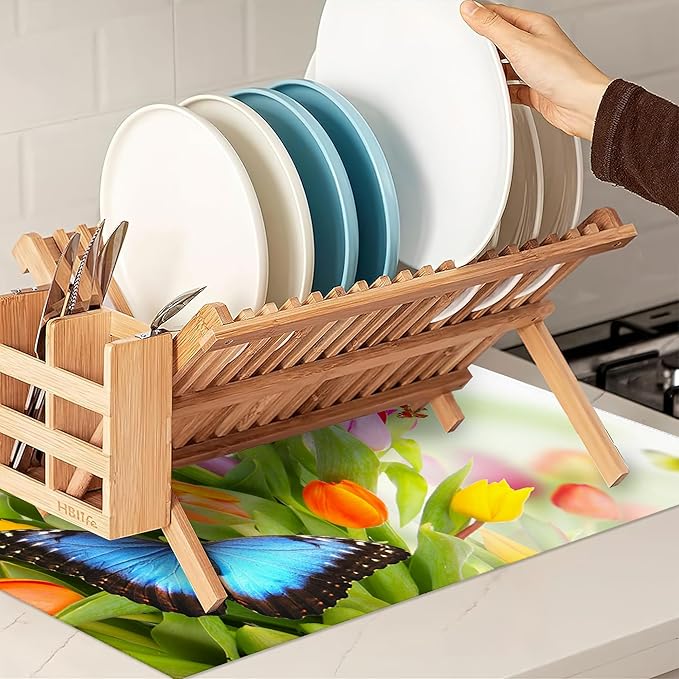 Tulips Flowers Dish Drying Mat for Kitchen Counter Decor,Beautiful Butterfly Dish Drying Rack Pad Absorbent Reversible Microfiber for Coffee Tableware Sink Countertop 18x24 Inch